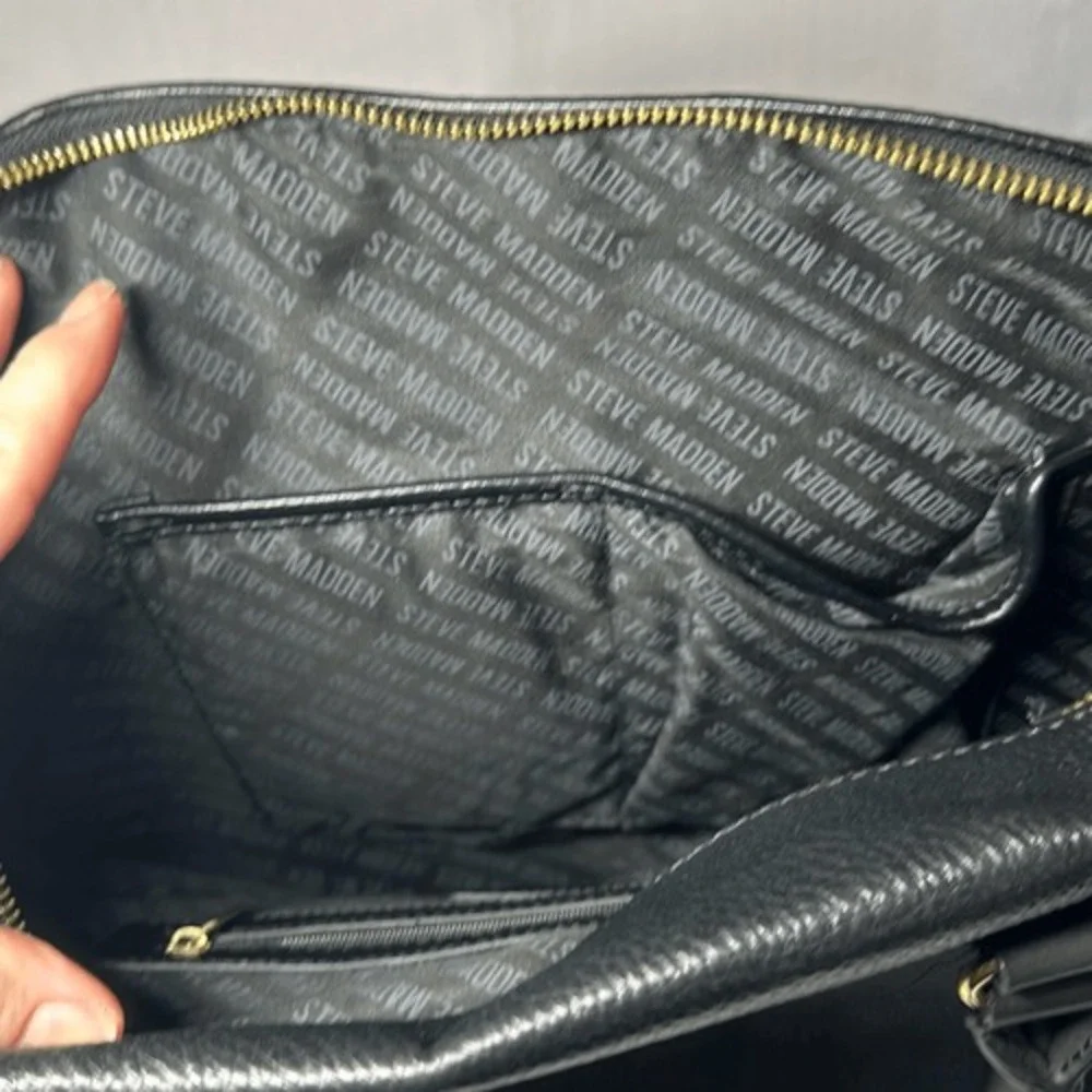 Steve Madden Black Pebbled Vegan Leather Satchel Bag Gold Hardware Top Handle